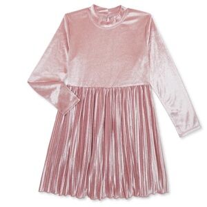 Kids Pink velvet Pleated Babydoll Dress with Long sleeves